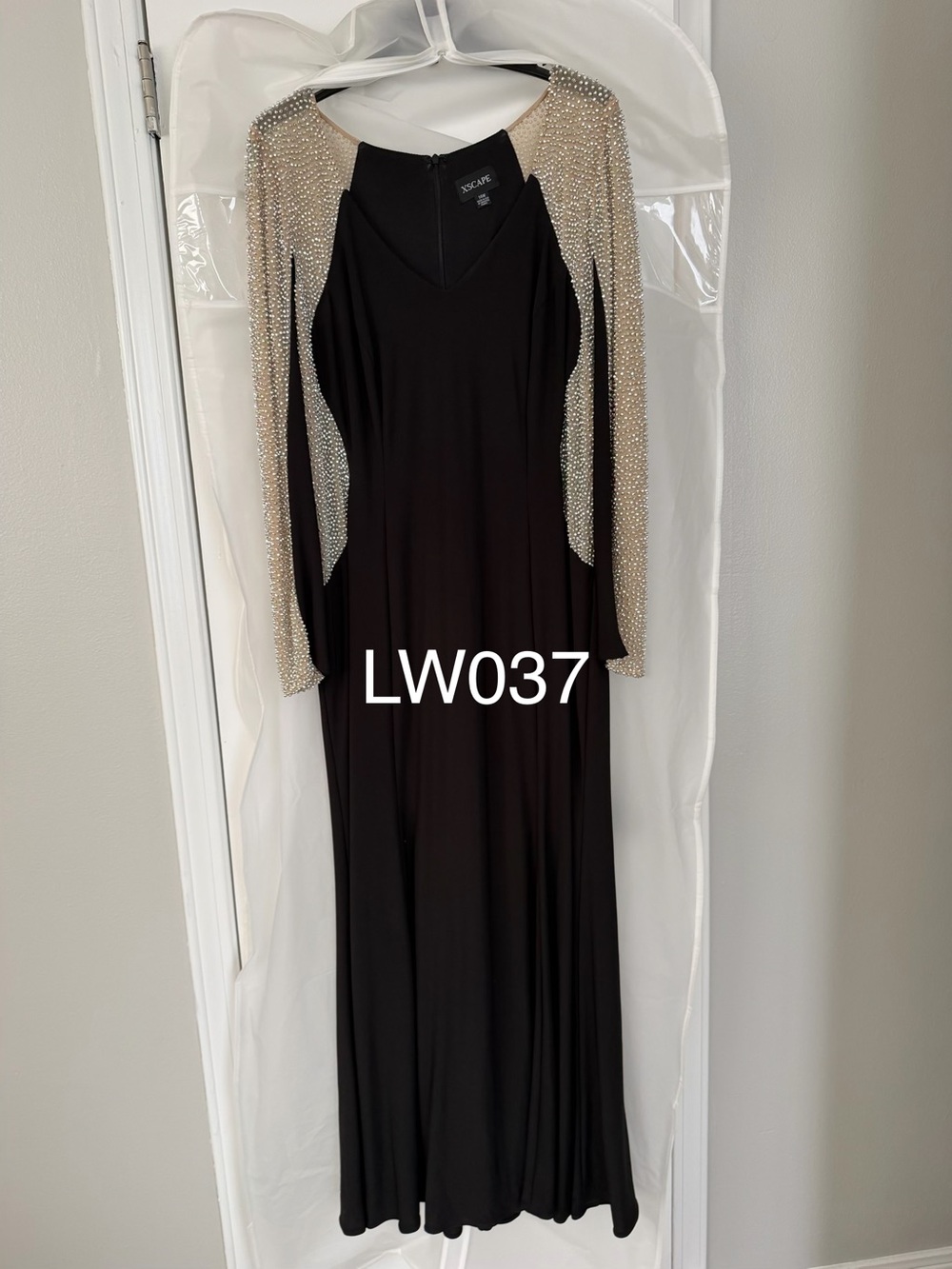 Xscape Black Gown with Gold Beaded Long Sleeves